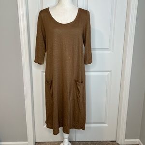 Chalet Et Ceci Tan Linen Blend Shift Dress Half Sleeve Scoop Neck Lagenlook